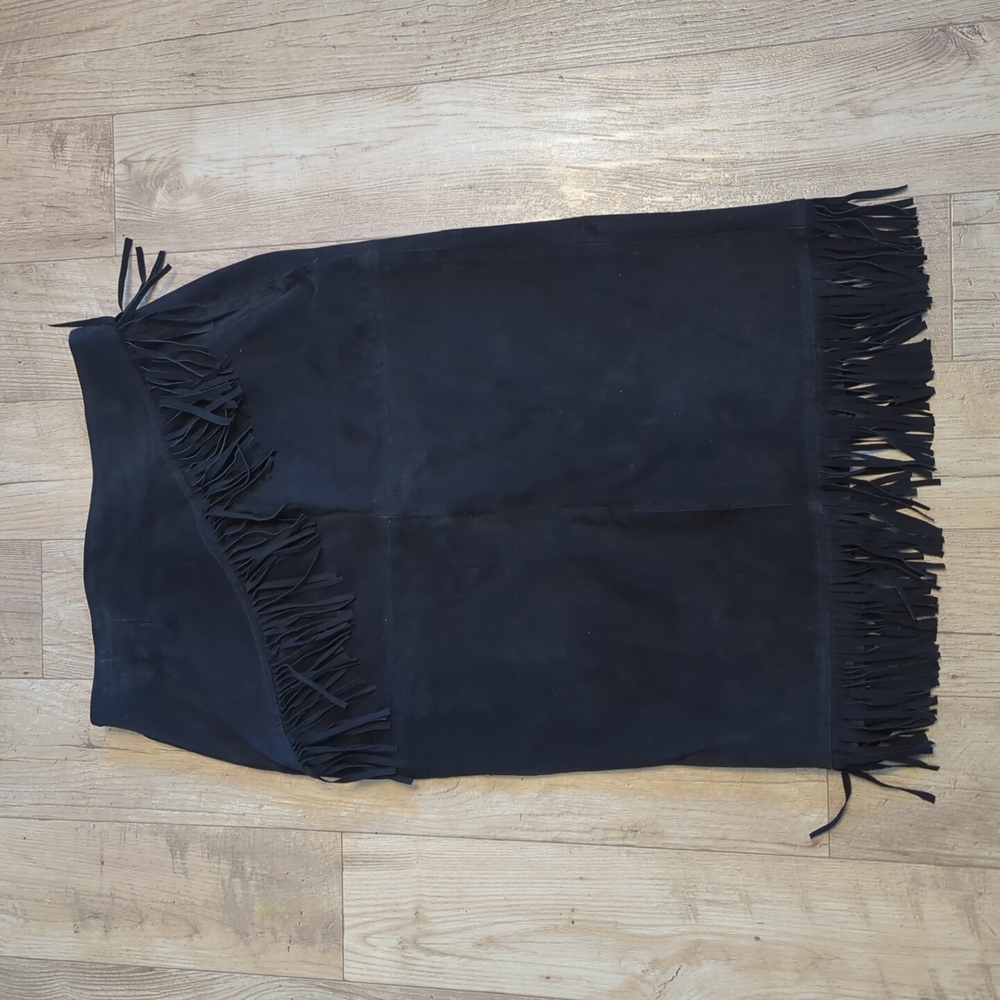 Black Suede Fringe Midi Skirt